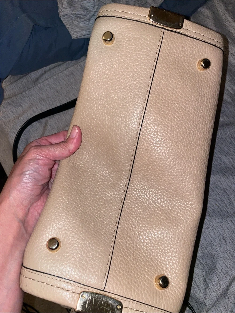 Coach Pebbled Leather Satchel in Taupe and Black with Gold Hardware